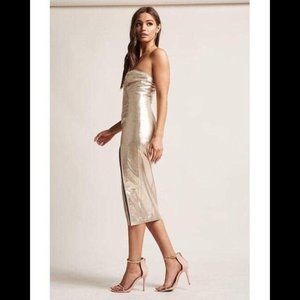 💕3/$30💕 NWT Forever 21 Gold Front-Slit Strapless Midi Dress Size Small